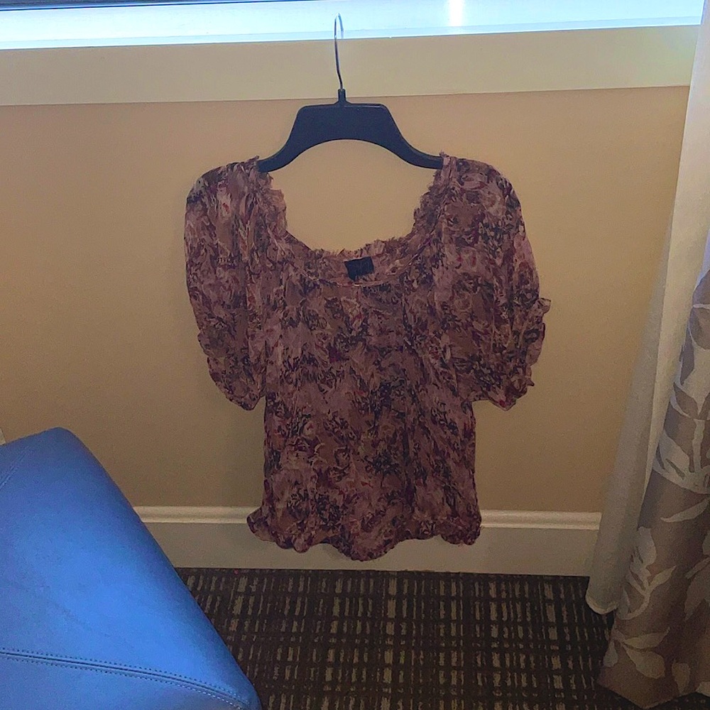 Ella Moss Short Sleeve Sheer Silk Beige and Plum Abstract Tribal Floral Size S